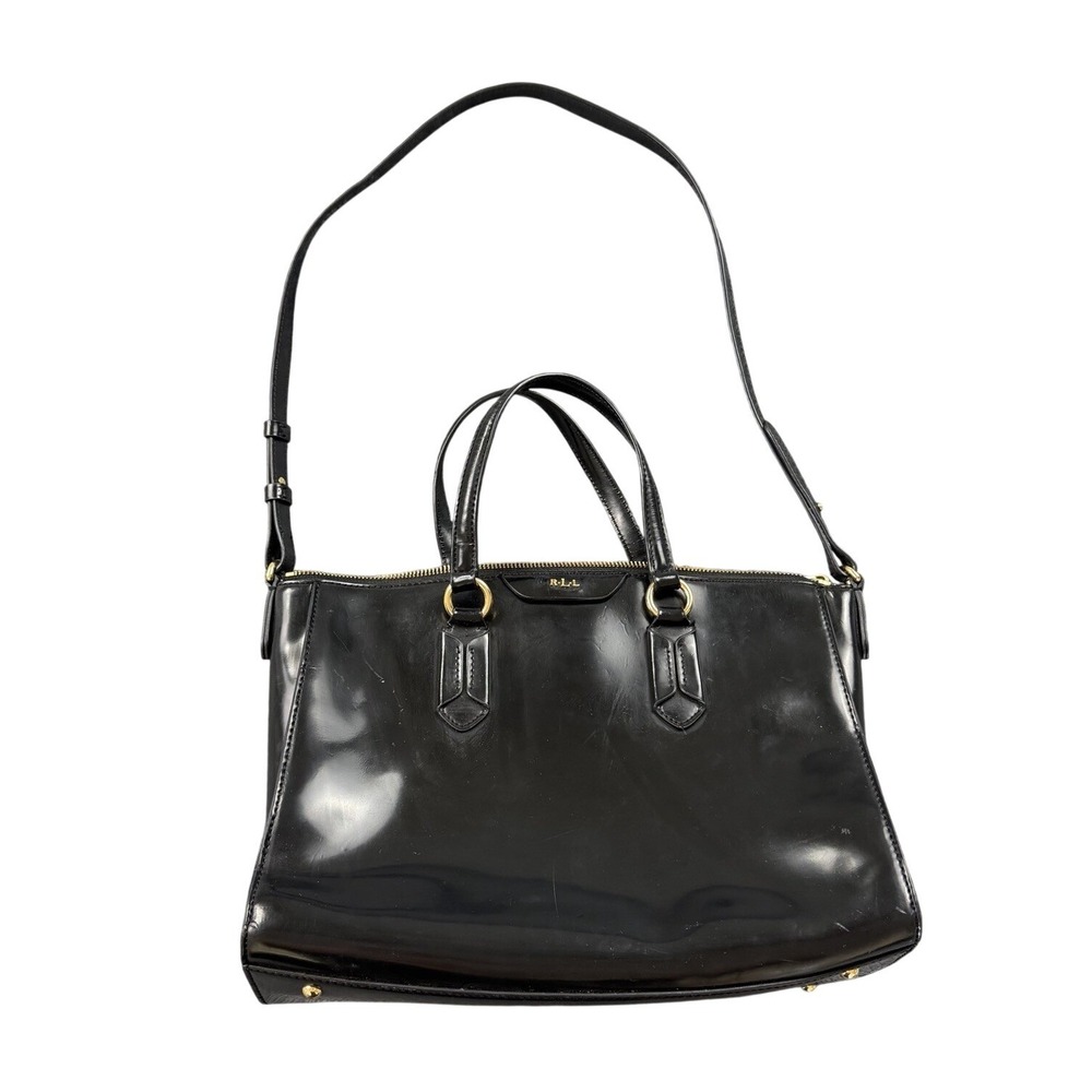 Lauren Ralph Lauren RLL Vintage Black Patent Faux Leather Satchel Tote Bag